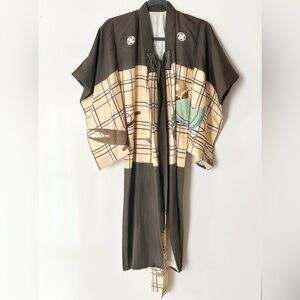 Boys Summer Kimono with Plaid and Graphic Design and Black Obi Belt